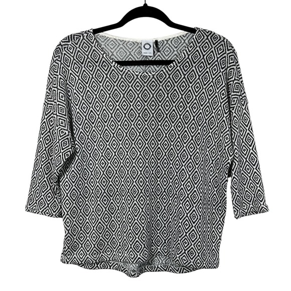 Akemi + Kin Anthropologie Large BlackWhite Diamond Lightweight 3/4 Sleeve Blouse - Picture 1 of 5